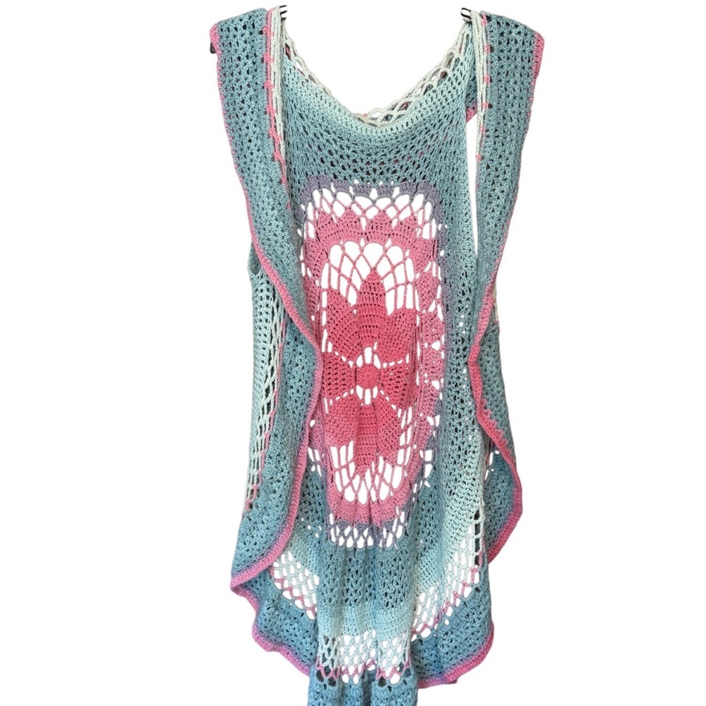 Boho Crochet Kimono Cardigan One Size Blue Pink Open Knit Sleeveless